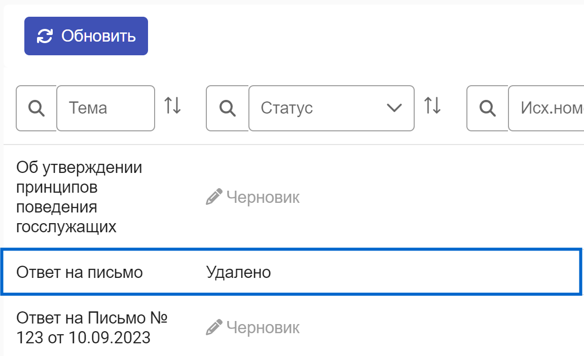 Рисунок 3.63. Карточка документа в статусе «Удалено»