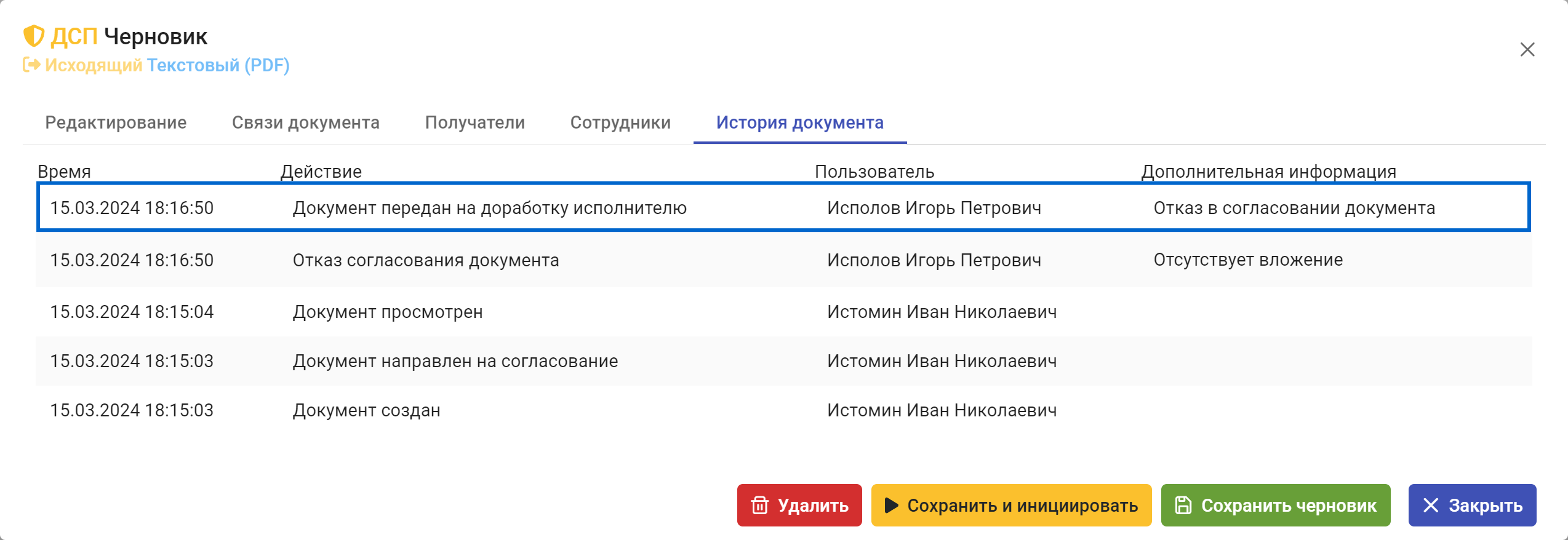 Рисунок 3.90. Запись о возврате документа во вкладке «История документа»