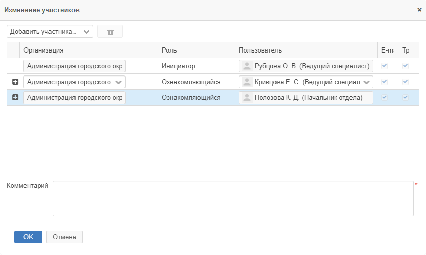 Окно «Изменение участников»