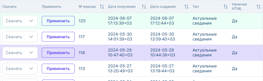 Рисунок 4.10. Выбранная строка в списке версий ГАС