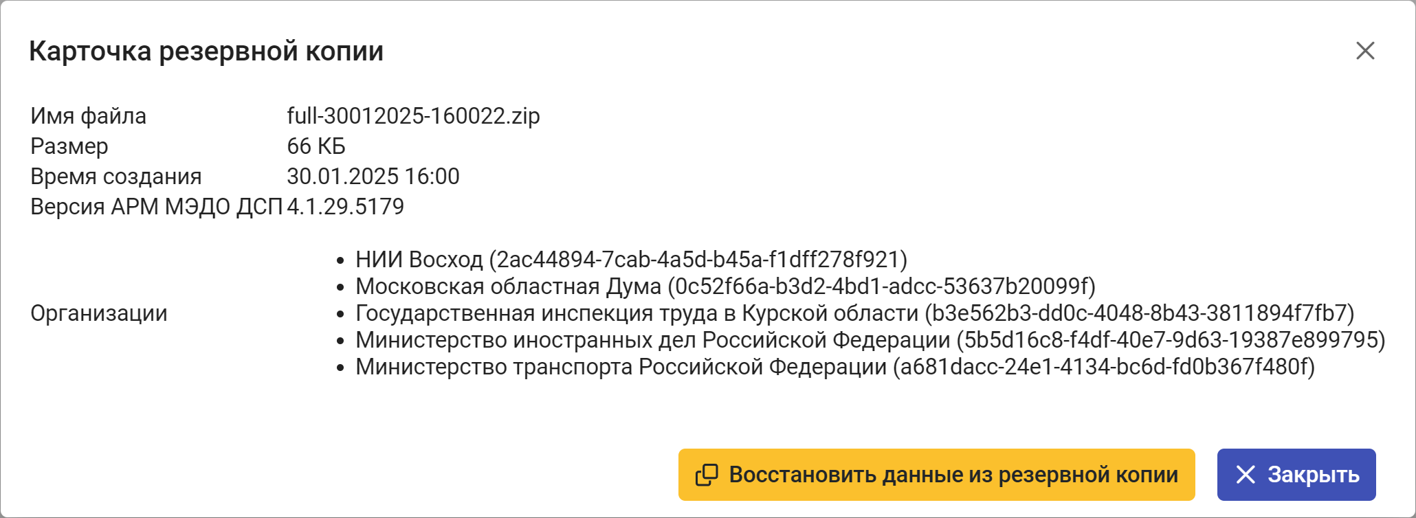 Рисунок 7.16. Окно «Карточка резервной копии»